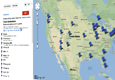 Map of places to visit in America