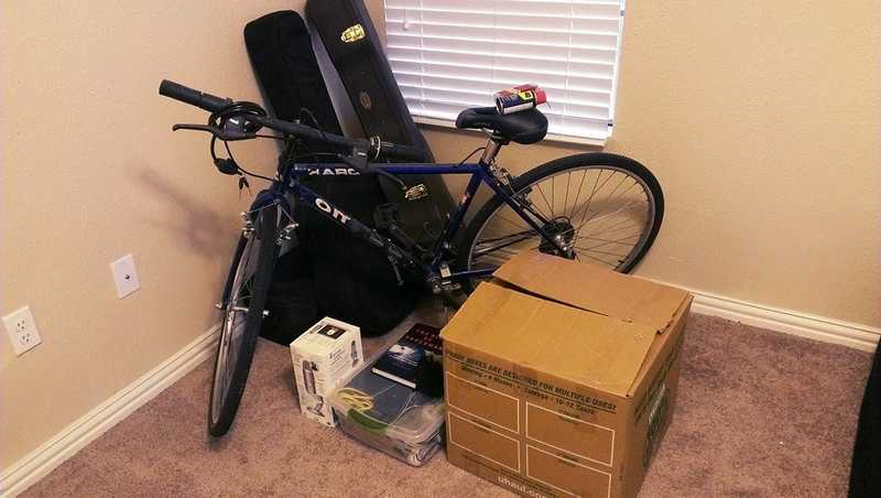 A box, bicycle, two instruments, and a few miscellaneous items.